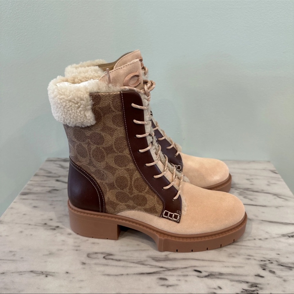 NIB COACH Leighton Signature Shearling Lug Booties Tan Pale Blush Women's 7